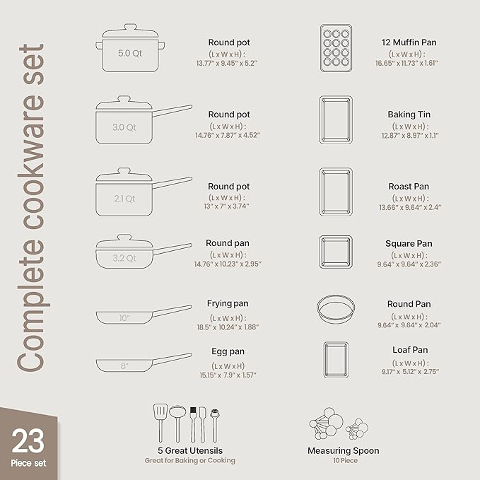 Pots and Pans Set, 23-Piece Non Stick Cookware & Bakeware Sets with Plaid Pattern, Stackable Design, Dishwasher Safe, Stain-resistant, Oven & All-Stove Safe, Tempered Glass Lid, White Marble