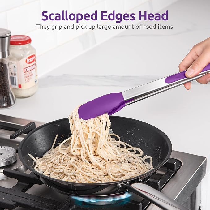 600쨘F Heat Resistant Kitchen Tongs: U-Taste 12 inch Large Silicone Cooking Tong with Sturdy Non Stick Rubber Tips & Silicon Coated 18/8 Stainless Steel Handle & Smooth Locking for Serving Grill-Purple