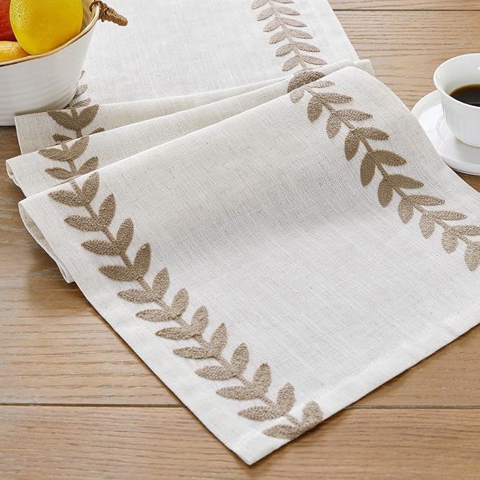 Wracra Embroidered Fall Table Runner Irregular Willow Leaf Table Runners 60 Inches Long for Dresser Home Dining Table Decor,14 x 60 Inch, Taupe