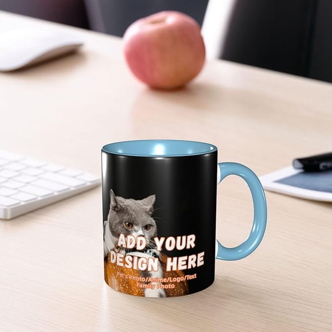 Customizable Mugs and Coffee Cups with Various Creative Designs Customize Your Photos Images Texts Partial or Full-Size Printing (Full-Width, Sky Blue)