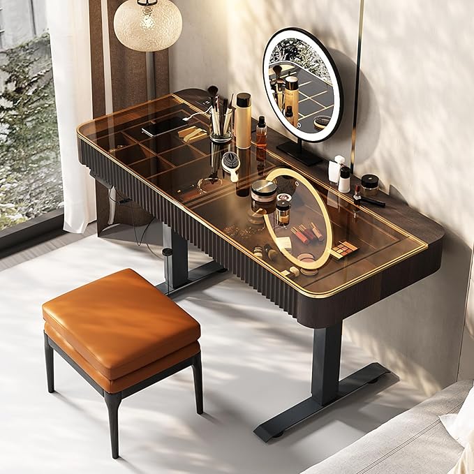 Lartis Vanity Table with Stool,Electric Lift Vanity Desk,Vanity Set竊똗p and Down Desk, Standing Vanity with Drawer (Black Brown, 50 in)