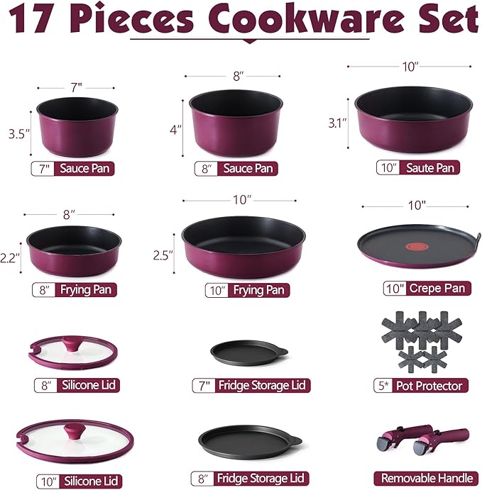 SENSARTE 17 Piece Pots and Pans Set, Nonstick Detachable Handle Cookware Set, Induction Thermo-Signal Cookware Set with Removable Handle, Healthy Non Stick for RV, Dishwasher 竊?Oven Safe (Purple)