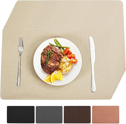 Bxzandya Vinyl Placemats Set of 12 Heat Resistant Easy Clean Non-Slip Place Mats for Dining Table Faux Leather Waterproof Stain Resistant Wipeable Washable PVC Table Mats(12, Beige)