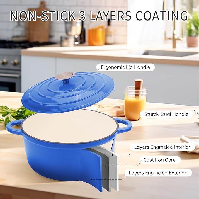 6 Quart Enameled Cast Iron Dutch Oven Pot with Lid and Silicone Accessories, Oven Safe up to 500째F or on Stovetop, Non-stick Dutch Oven for Bread Baking, Cooking, Dual Handles Cookware, Blue