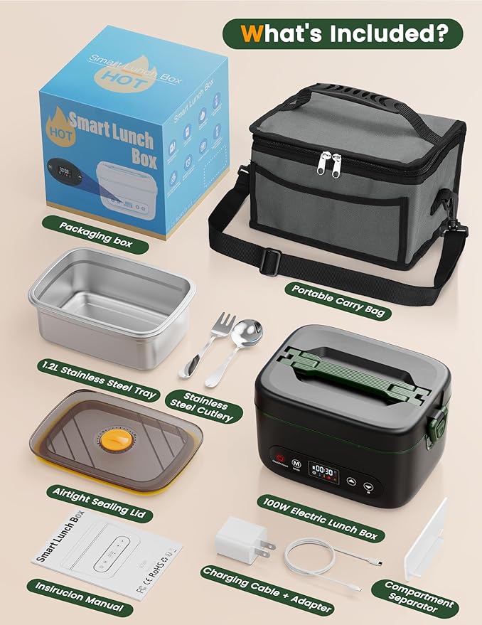 Cordless Electric Lunch Box, 1.2L Battery Powered Heated Lunch Box ??100W, 24000mAh Rechargeable Portable Self-Heating Food Warmer with 5-Sided Automatic Heating for Outdoors, Truck, Office, BPA-Free