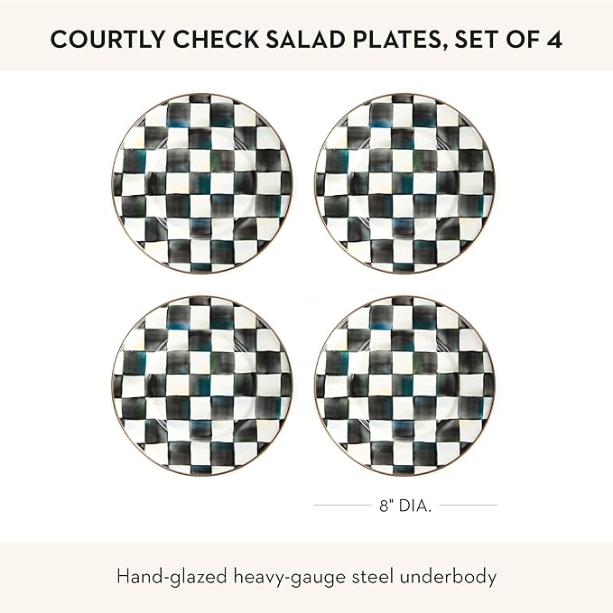 MACKENZIE-CHILDS Enamel Salad and Dessert Plate, Small Plate for a Dessert or Appetizer Dish, 8 Inches, Set of 4, Black-and-White Courtly Check