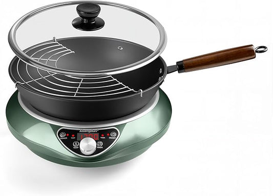 1700W Wok Induction Cooktop with 13.4??Nitride Carbon Steel Wok Round-Bottom & Flat-Pan Compatible, Electric Stir-Fry Wok Set for Home & Restaurant, No-Coating, Even Heating
