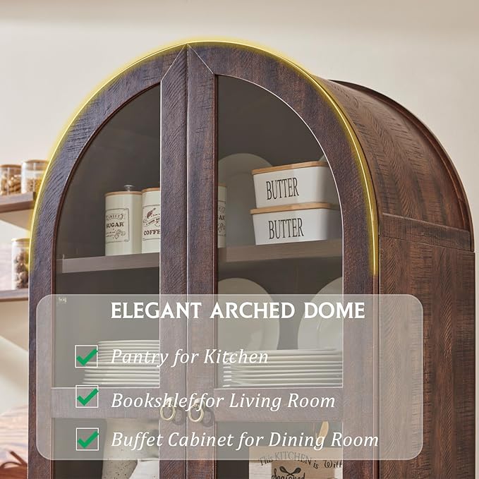 71" Tall Arched Kitchen Pantry Cabinet, Wood Kitchens Storage Cabinets with 2 Large Drawers and Adjustable Shelves, Modern Farmhouse Versatile Cupboard for Kitchen, Dining Room, Bathroom, Brown