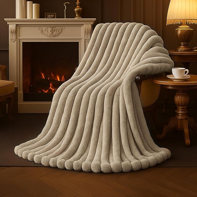 Am챕lie Home Faux Fur Throw Blanket for Couch, Cozy Fuzzy Fluffy Fur Luxurious Soft Striped Plush Gift Blankets for Family Sofa Chair Bedroom, 55"x70", Beige