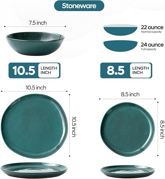 Bestone 12 Pieces Round Kitchen Dinnerware Sets竊똏lates and Bowls Sets,Dishes, Plates, Bowls, Dish Set, Chip Resistant Ceramic Dinnerware Set, Dishwasher/Microwave Safe,Service for 4,Ceylon Green
