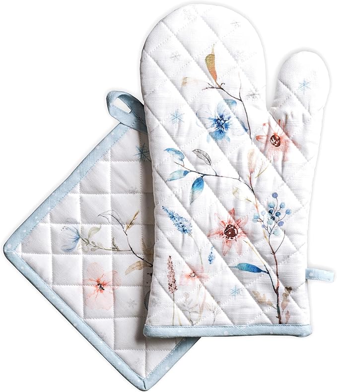 Maison d' Hermine 100% Cotton Oven Mitt & Pot Holder Set (7.5"x13" & 8"x8") Heat Resistant BBQ Cooking Gloves with Loop for Thanksgiving Christmas Decorations Handling Hot Pans (Ice Florals)