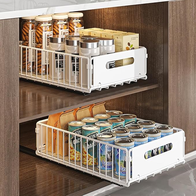 Pull Out Cabinet Organizer Slide Out Drawer Storage Shelves Cupboard Organiser Sliding Cabinet Basket for Kitchen No Drilling and Nailing (White, 2Piece 9.8" W X15 D X 7.5" H)