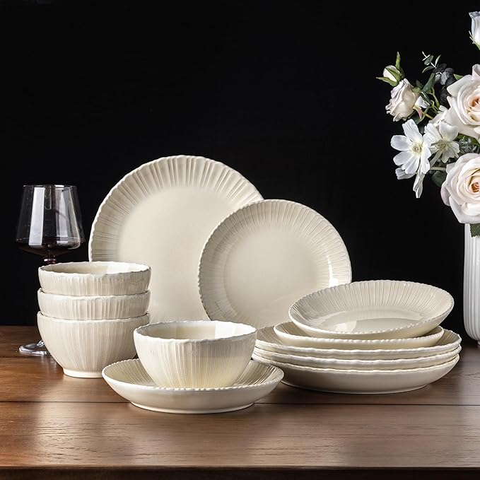 GBHOME Stoneware Dinnerware Sets for 4,Round Reactive Glaze Ceramic Plates and Bowls Set, Highly Scratch Resistant | Dishwasher & Microwave Safe Dishes Set,Service for 4(12Pcs)
