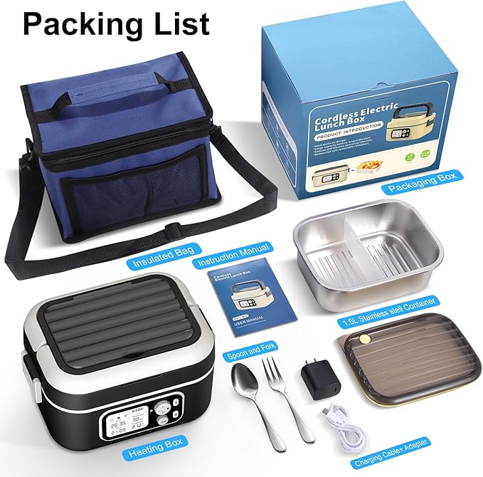 EDCREATY Cordless Electric Heated Lunch Box, 1.5L 6.3Cups 24000mAh Rechargeable Battery Self-Heating Lunch Box, Smart Timer, Even Heating, 100W Portable Food Warmer for Office, Picnic, Car, Outdoor