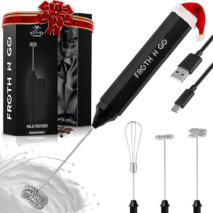Zulay Froth N Go Milk Frother ??Rechargeable 3-in-1 Handheld Frother Wand with Travel Case & USB-C Charger ??Single, Double & Egg Whisk for Latte, Cappuccino, Matcha, Protein Shakes ??Black