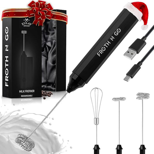 Zulay Froth N Go Milk Frother ??Rechargeable 3-in-1 Handheld Frother Wand with Travel Case & USB-C Charger ??Single, Double & Egg Whisk for Latte, Cappuccino, Matcha, Protein Shakes ??Black