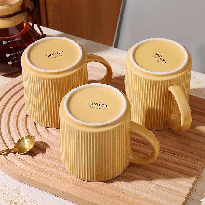 MONITO 16Oz Coffee Mugs Set of 6, Rustic Ceramic Coffee Cups Set with Large Handle, Vintage Striped Stoneware Coffee Mugs for Latte, Cocoa, Tea, Milk, Microwave & Dishwasher Safe, Lemon Yellow