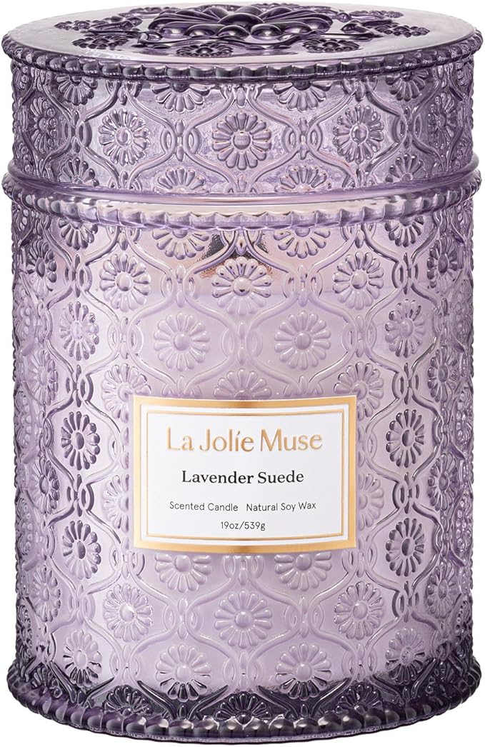 LA JOLIE MUSE Lavender Suede Candle ??Eucalyptus, Lavender & Sandalwood 19 oz Large Wooden Wick Candle | Natural Soy Wax | 90 Hours Clean Burn | Aromatherapy Candle for Relaxation