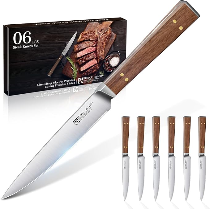 Purple Dragon Steak Knives Set of 6 - Smooth Edge Non-Serrated Blade with Square Wooden Handle ??Elegant, Balanced, High Carbon German Steel - Christmas Gift for Men and Women