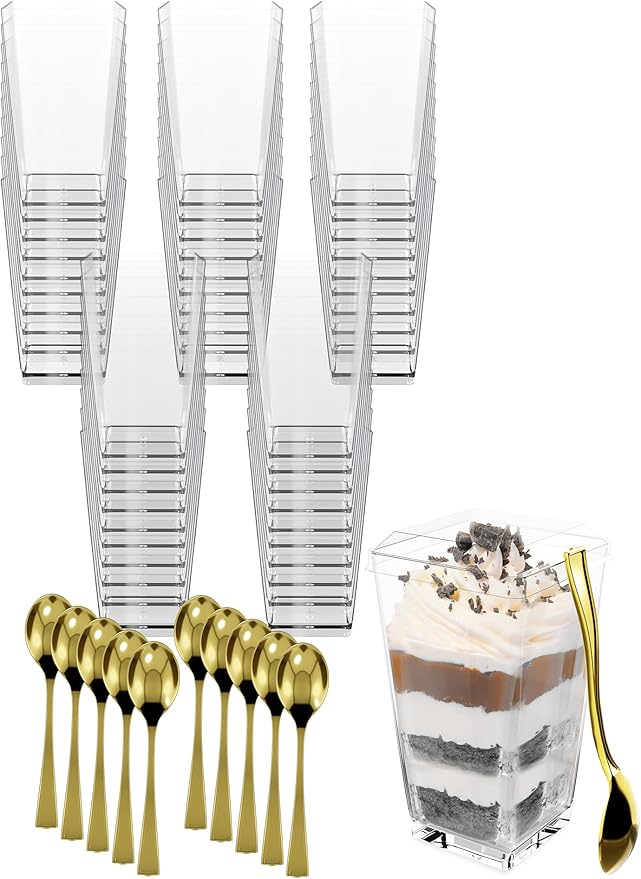 100 Pack 3 oz Mini Dessert Cups with Lids and Spoons (Gold Spoons) - Plastic Shooter Appetizer Parfait Cups with Lids Reusable - BPA Free Catering Supplies for Party - Dessert Bowls (GOLD SPOONS)