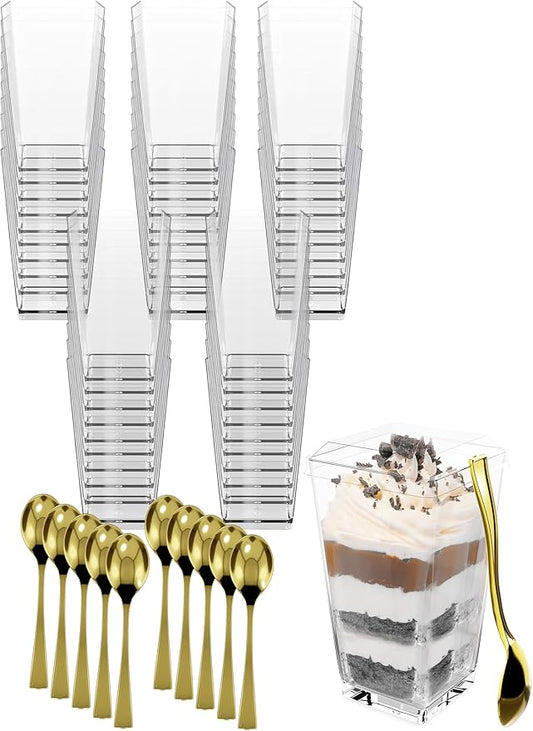 100 Pack 3 oz Mini Dessert Cups with Lids and Spoons (Gold Spoons) - Plastic Shooter Appetizer Parfait Cups with Lids Reusable - BPA Free Catering Supplies for Party - Dessert Bowls (GOLD SPOONS)