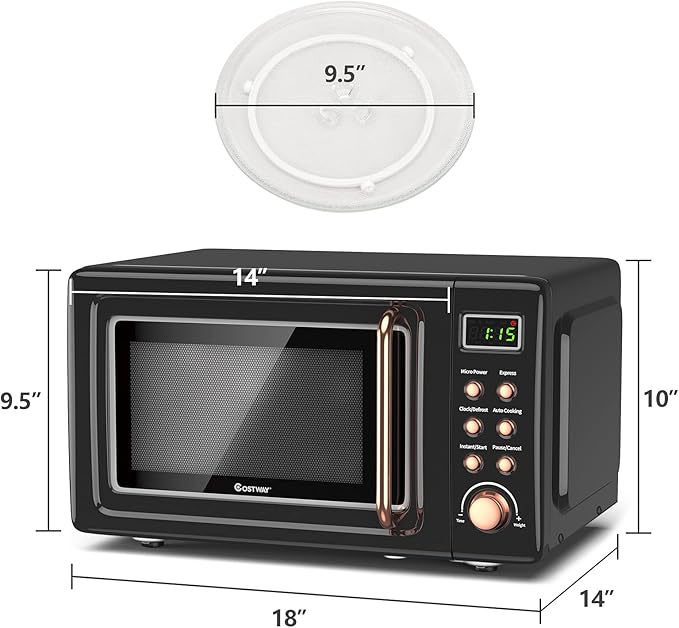 COSTWAY Retro Countertop Microwave Oven, 0.7Cu.ft, 700-Watt, High Energy Efficiency, 5 Micro Power, Delayed Start Function, with Glass Turntable & Viewing Window, LED Display, Child Lock (Gold)