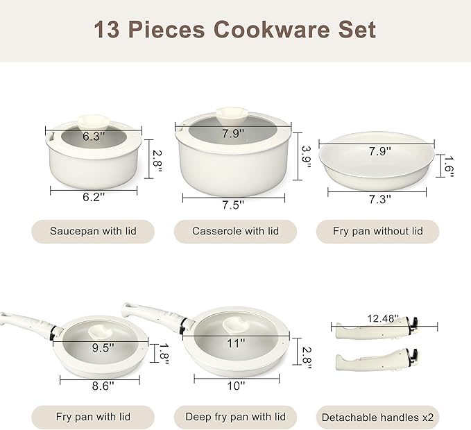 13 Pcs Pots and Pans Set, Nonstick Cookware Set with Lids and Detachable Handle, PFAS & PFOA Free, Non-Toxic Healthy Kitchen Cooking Set