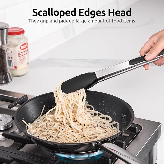 600쨘F Heat Resistant Kitchen Tongs: U-Taste 9+12 inch Silicone Cooking Tong Set with Firm Sealed Non Stick Rubber Tips and Silicon Coated 18/8 Stainless Steel Handle for Serving Grilling Salad (Black)