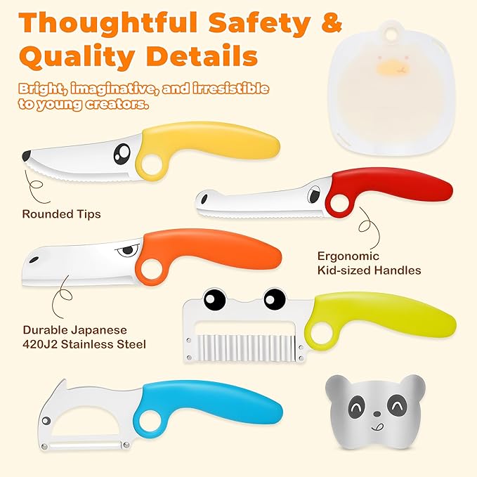 Kids Kitchen Knife Set with Educational Ring, 7-Piece Animal Cooking Tools, Safe Stainless Steel Knives, Finger Guard & Cutting Board, Montessori Cooking Set for Kids