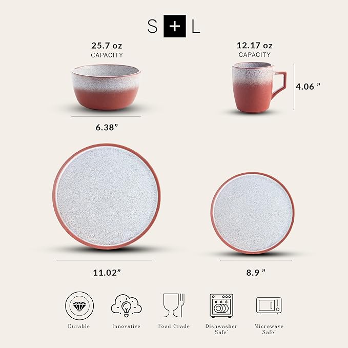 Stone Lain Vince Stoneware Reactive Glaze Dinnerware Set, 16 Piece Service for 4, Red