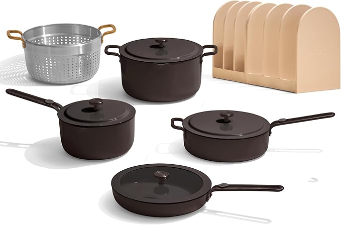 Our Place 11-Piece Essentials Complete Cookware Set - Ceramic Fry Pan, Saucepan, Saut챕 Pan, Stock Pot, Strainer Basket & Rack Storage | Thermakind??Nonstick, Oven Safe up to 450째F | Char