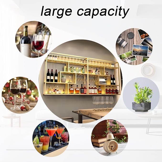 118.1in Large Wall Mounted Wine Rack, 4 Tier Wall Mount Bottle Rack with Glass Holder, Industrial Metal Floating Bar Liquor Bottles Display Storage Shelf for Dining Room, Kitchen (Gold,118.1in)