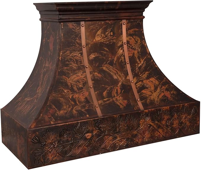 Custom Copper Range Hood Cover, Handmade Kitchen Hood with Powerful Range Hood Insert, Classic Stove Vent Hood with Straps & Rivets, 36"W x 30"H Island Mount,HCI20FC-363027B