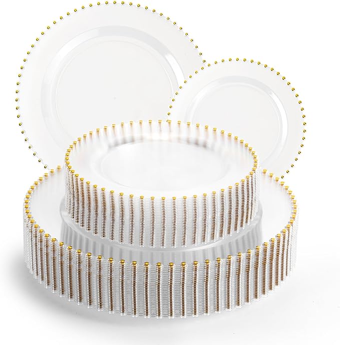 EI 60pcs Clear Plastic Plates with Gold Rim,Disposable Plastic Plates for Party,Fancy Dinner/Dessert Plate Heavy Duty for Wedding,Birthday,Afternoon Tea,Spring,Mother's Day,Valentine's Day,Easter