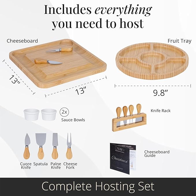 Charcuterie Board Set ??Bamboo Cheese Platter with Knives, Bowls & Round Tray ??Eco-Friendly Gift for Housewarming, Weddings & Parties ??Wood Serving Board for Entertaining