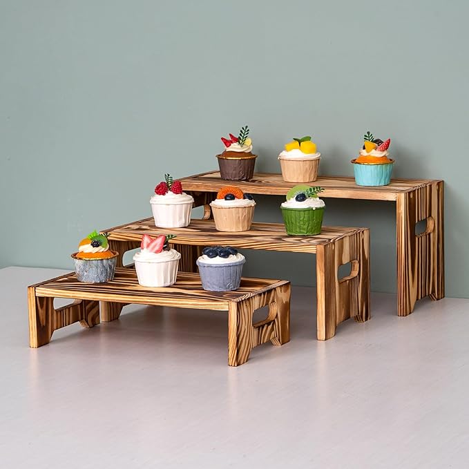 Set Of 3 Vintage Brown Wooden Display Risers, Wood Cake stands Dessert Display,Wood Tiered Display Stands, Cupcake Stand For Party,Size:15.7-14.1-12.6IN Display Shelf