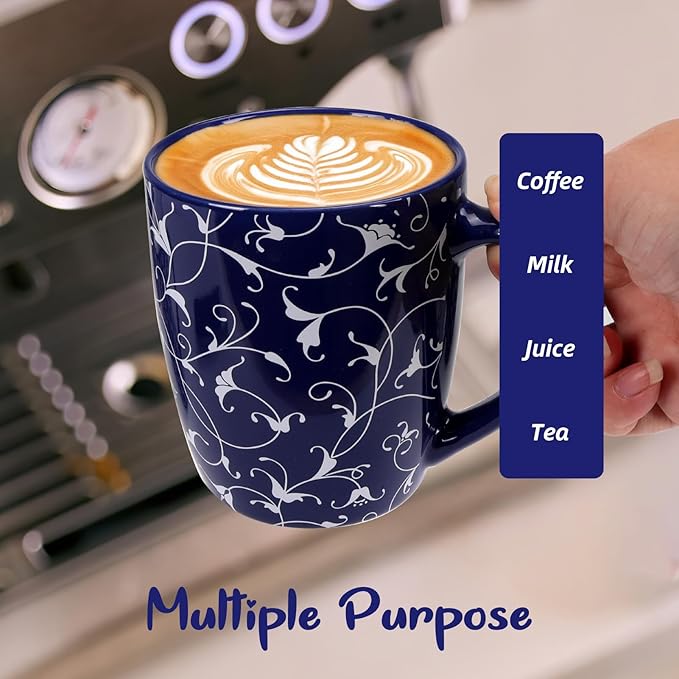 Schliersee 18 OZ Large Coffee Mugs Set of 6, Ceramic Mug for Man Woman, Blue White Geometric Floral Porcelain Cup for Latte, Tea, Cappuccino, Mocha, Cocoa, Housewarming Wedding Mug Present
