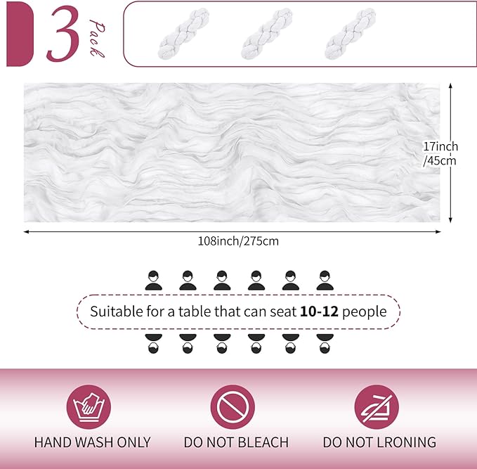 RealBox 3 Pack White Cheesecloth Table Runner 17x108 Inch Semi Sheer Boho Gauze Cheese Cloth Fabric Table Runners Table Decor for Wedding Party Baby Shower Birthday Home Decor Garden Farmhouse
