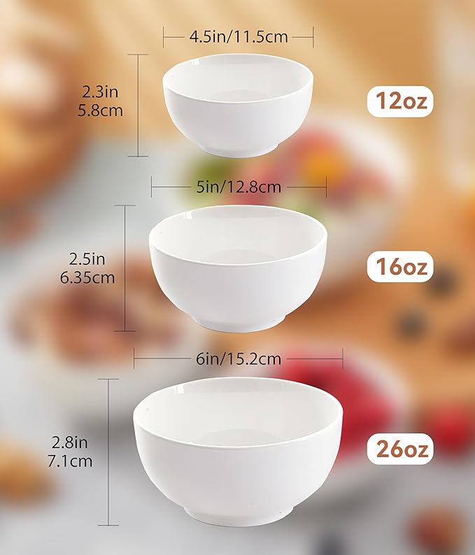 AntoKueh White Ceramic Bowls 6 in, 26Oz round Large Cereal Bowl set of 6, Deep Porcelain Bowls for Cereal, Salad, Noodles, Dishwasher/Microwave safe