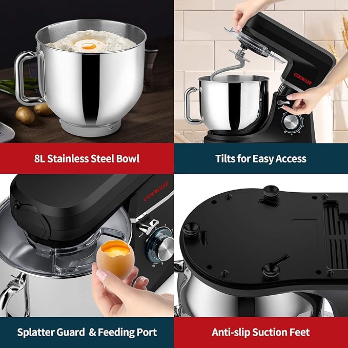 COOKLEE 6-IN-1 Stand Mixer, 8.5 Qt. Multifunctional Electric Kitchen Mixer with 9 Accessories for Most Home Cooks (Black1)