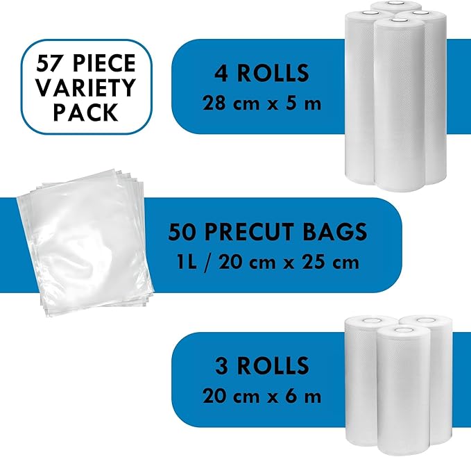 Kenmore Vacuum Sealer Bags - Food Sealing Plastic Rolls 3-8x10, 4-8x20, 11x16 size bolsas, Airtight Packaging Fresh Vegetable, Sous Vide & Meat Storage For Travel, BPA Free Heavy Duty Precut Bags