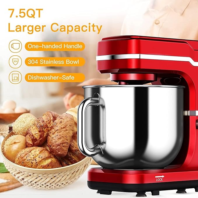 7.5QT Stand Mixer, 660W Powerful Dough Mixer, 10-Speed Tilt-Head Electric Food Mixer with Stainless Steel Bowl, Baking, Bread, Cake, Cookie, Easy Clean, Heavy Duty Home Kitchen Mixer