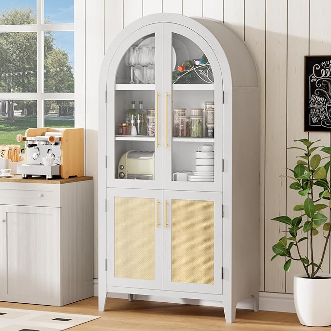 63??Arched Kitchen Pantry Cabinet ??5-Tier Modern Farmhouse Storage Cabinet w/Glass & Fluted Doors, Adjustable Shelves for Kitchen, Living Room, Entry, Office, Engineered Wood, White