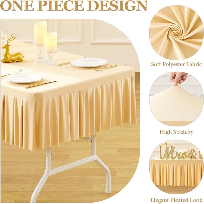 Wish Care Champagne Spandex Table Clothes for 8 Foot Rectangle Tables Wrinkle Free Stretch Fitted Tablecloths 8ft Pleated Ruffle Elastic Table Cover Skirt for Wedding Birthday Banquet Party Tablecloth