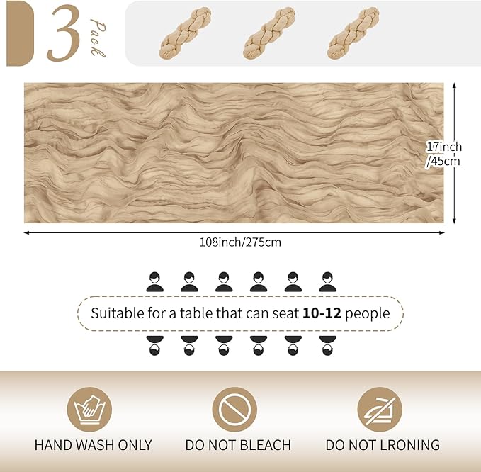 RealBox 3 Pack Beige Cheesecloth Table Runner 17x108 Inch Semi Sheer Boho Gauze Cheese Cloth Fabric Table Runners Table Decor for Wedding Party Baby Shower Birthday Home Decor Garden Farmhouse