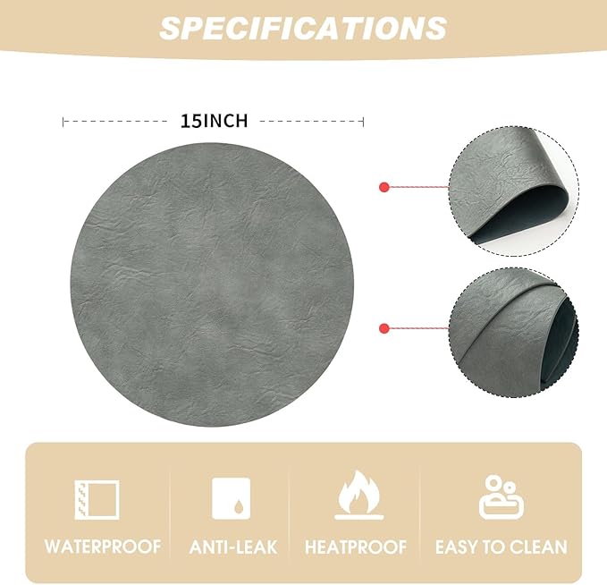 Artoid Mode Grey Faux Leather Placemats Set of 6, 15 Inch Waterproof Wipeable Heat Resistant Place Mats, Reversible Table Mats for Winter Kitchen Dining Decor
