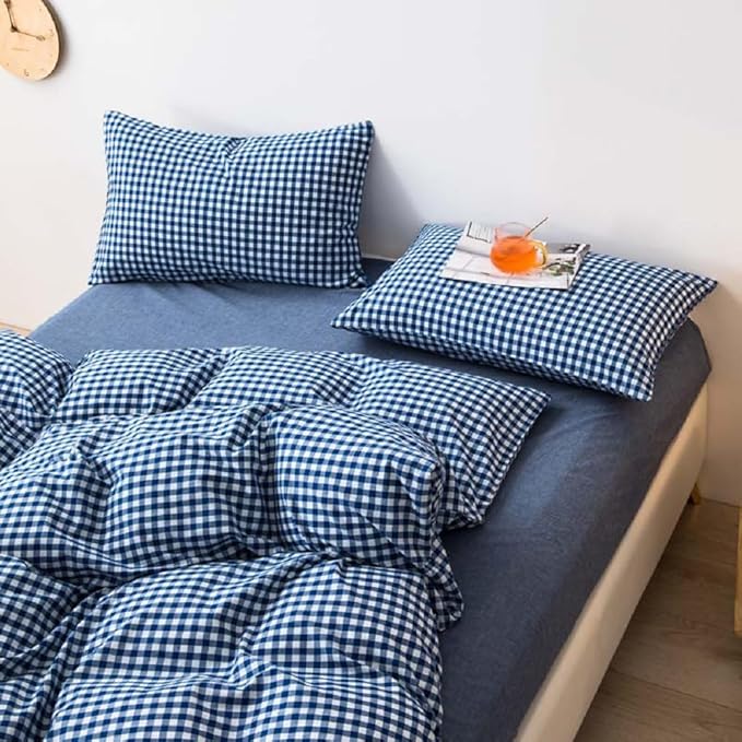 LifeTB Gingham Comforter Set Full 3 Pieces Royal Blue Grid Plaid Comforter Set Soft Fluffy Checkered Pattern Comforter with 2 Pillowcases Farmhouse Gingham Bedding Comforter Full Size for All Season
