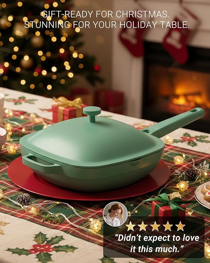10.5 Inch(3.8QT) Ceramic Pan with Lid,Non Stick Frying Pans Cast Aluminum Deep Saut챕 Pans,Ti-Ceramic Non Toxic Pix Pan with Wooden Spatula and Scrubber-Mint Haze