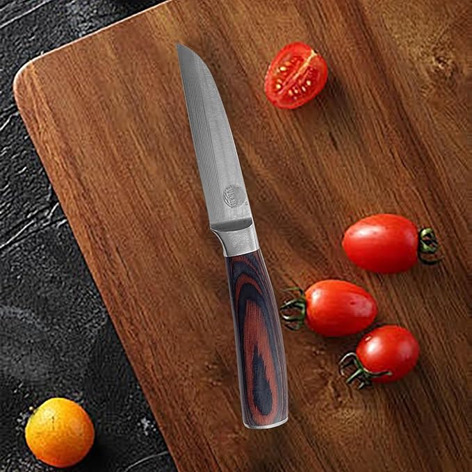 Professional 2-Piece Kitchen Knife Set, Nakiri and Paring Knives, Stainless Steel with Red Marbled Handle (Wood)