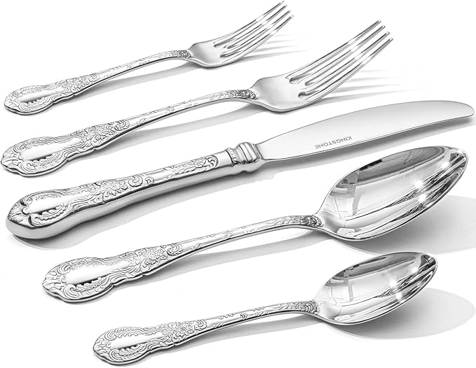KINGSTONE Vintage Carved Silverware Set, 60-Piece 18/10 Stainless Steel Flatware Cutlery Set with Retro Royal Thick Handle, Tableware Utensils for Home, Restaurant, party, Wedding, Dishwasher Safe